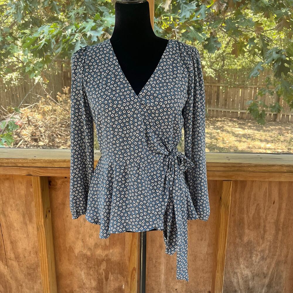 LOFT Women's Blue Spotted Long Sleeve Wrap Blouse Size XS